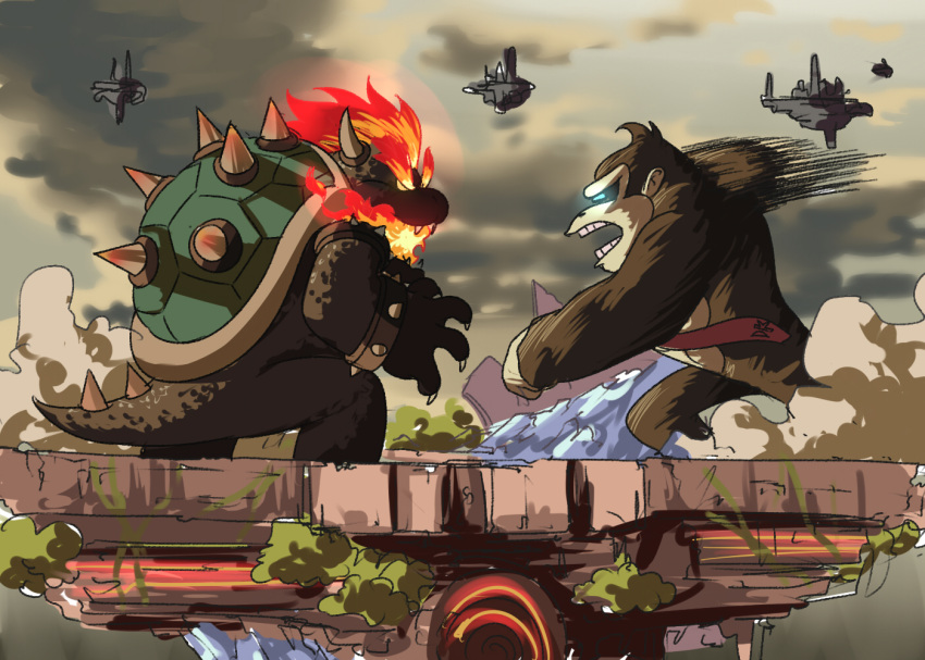 2boys animal ape bowser breathing_fire donkey_kong donkey_kong_(game) donkey_kong_(series) fire full_body fury_bowser glowing glowing_hair godzilla_(series) ground_vehicle kaijuu king_kong super_mario_bros. military military_vehicle motor_vehicle multiple_boys necktie spiked_armlet spiked_shell super_mario_3d_world super_smash_bros. tank tina_fate