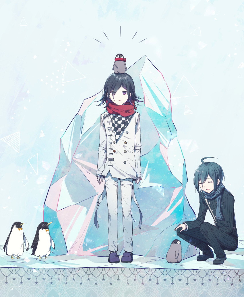 2boys alternate_costume animal animal_on_head baby_penguin bird bird_on_head black_footwear black_hair black_jacket black_pants blue_scarf checkered checkered_scarf closed_eyes dangan_ronpa_(series) dangan_ronpa_v3:_killing_harmony double-breasted goto_(sep) highres ice iceberg jacket long_sleeves male_focus multiple_boys on_head open_mouth ouma_kokichi pants penguin purple_footwear red_scarf saihara_shuuichi scarf squatting standing straitjacket striped striped_jacket striped_pants white_jacket white_pants