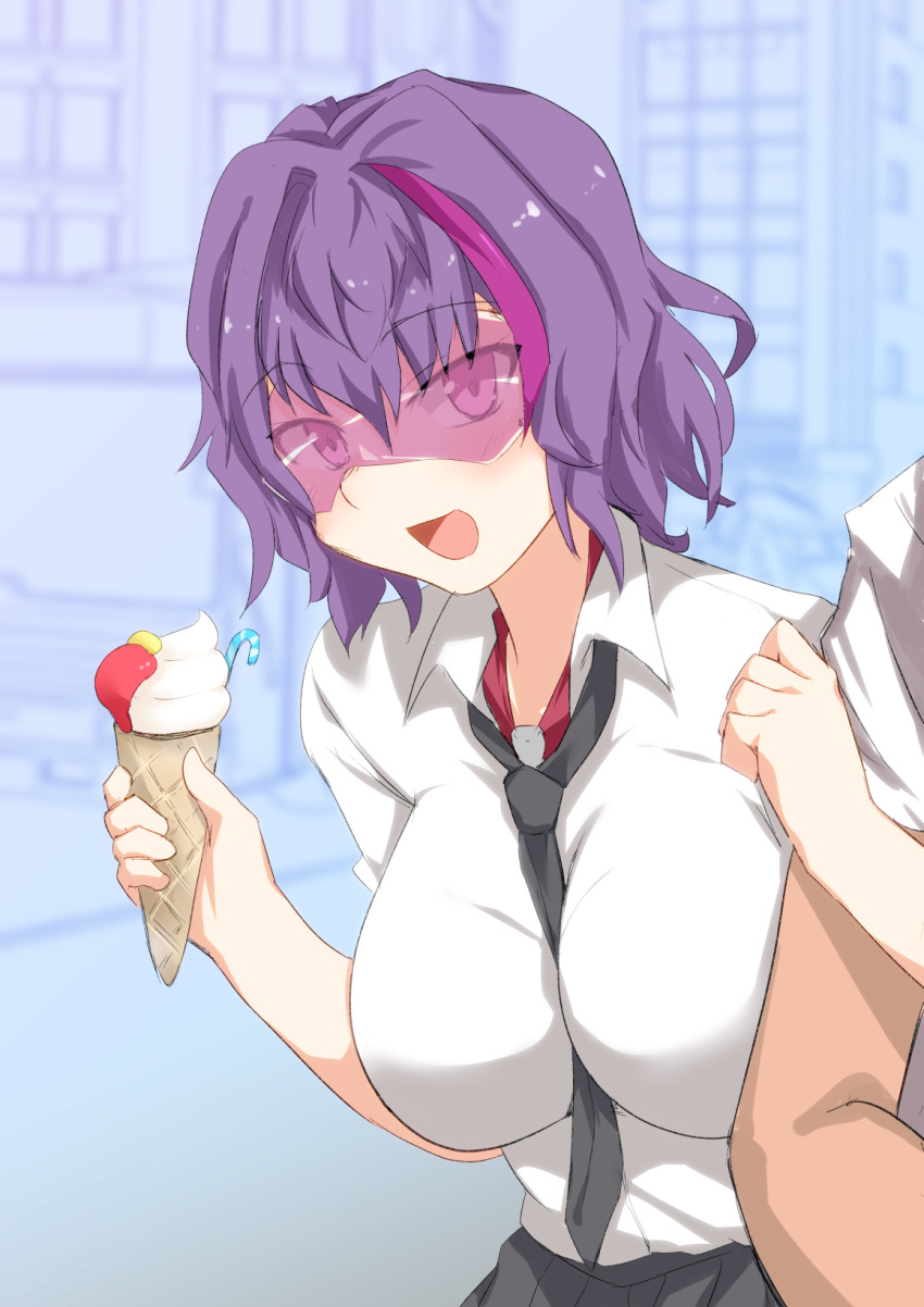 1boy 1girl :d between_breasts black_neckwear black_skirt breasts candy candy_cane commentary_request eyebrows_visible_through_hair food girls_frontline highres ice_cream ice_cream_cone large_breasts locked_arms multicolored_hair necktie necktie_between_breasts open_mouth purple_hair ripper_(girls_frontline) sangue_llia sangvis_ferri shirt short_hair skirt smile solo_focus streaked_hair upper_body violet_eyes visor white_shirt