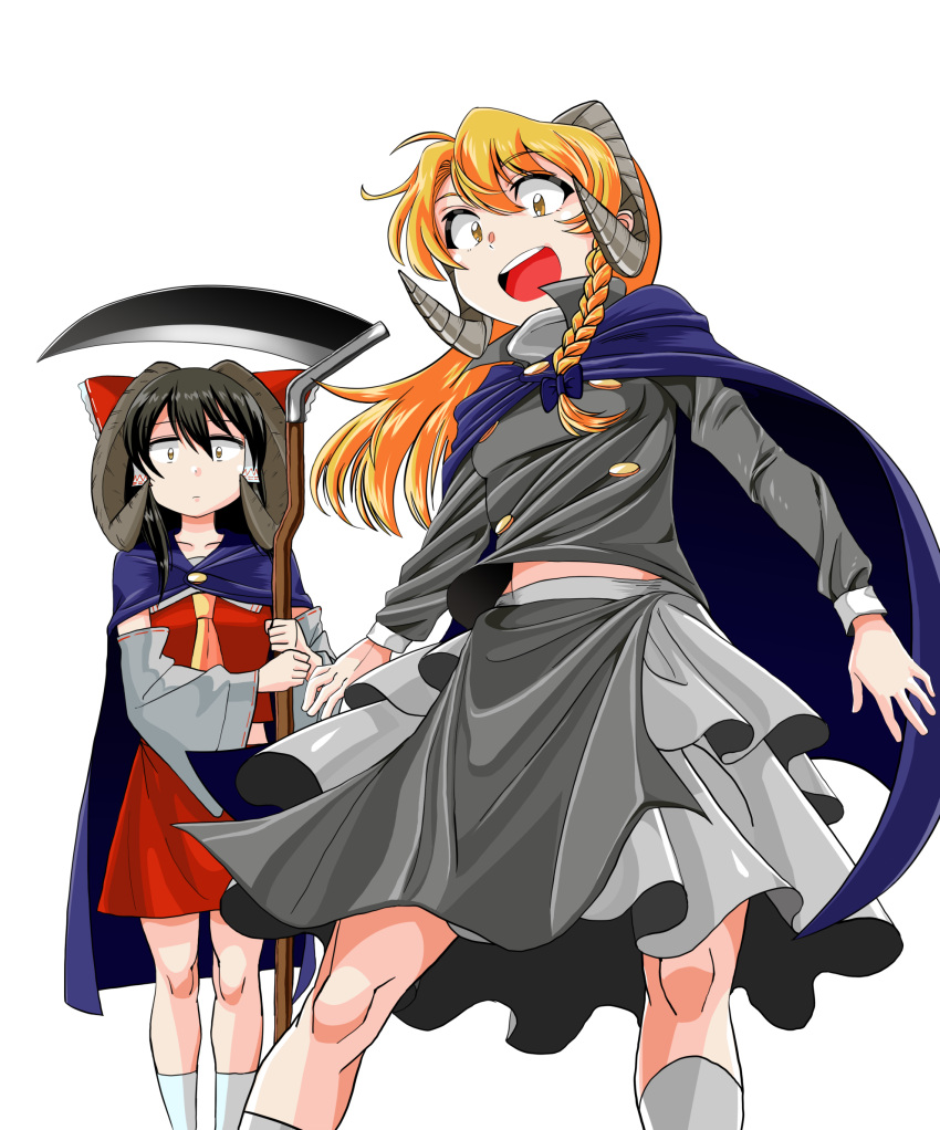 2girls bangs black_hair black_shirt blonde_hair blue_cape bow braid brown_eyes cape closed_mouth commentary_request cookie_(touhou) detached_sleeves eyebrows_visible_through_hair eyes_visible_through_hair feet_out_of_frame frilled_bow frills grey_skirt hair_between_eyes hair_bow hair_tubes hakurei_reimu highres holding holding_scythe horns kirisame_marisa long_hair long_sleeves looking_at_viewer mugi_(cookie) multiple_girls necktie nicoseiga13360928 nontraditional_miko open_mouth purple_bow red_bow red_shirt red_skirt rei_(cookie) ribbon-trimmed_sleeves ribbon_trim scythe sheep_horns shirt simple_background single_braid skirt sleeveless sleeveless_shirt socks touhou upper_teeth white_background white_legwear white_sleeves yellow_eyes yellow_neckwear