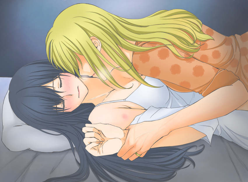 2girls absurdres aihara_mei aihara_yuzu arm_grab bed black_hair blonde_hair breasts citrus_(saburouta) closed_eyes commentary engagement_ring girl_on_top highres incest kiss long_hair lying medium_breasts multiple_girls nattha neck_kiss on_back pillow step-siblings wife_and_wife wrist_grab yuri