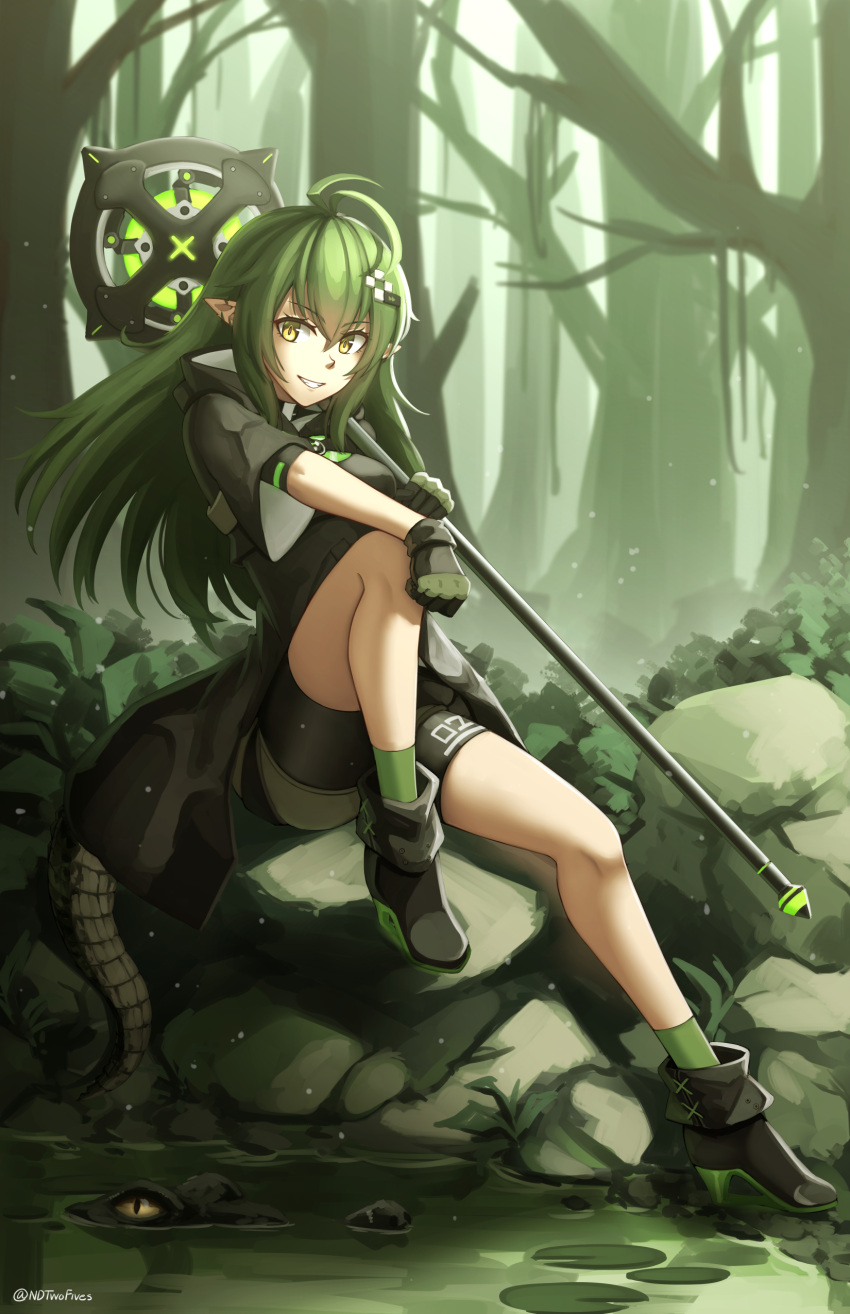 1girl absurdres animal antenna_hair arknights bangs bare_tree bike_shorts black_dress black_footwear black_gloves black_shorts boots breasts brown_eyes commentary_request crocodile crocodilian crocodilian_tail day dress eyebrows_visible_through_hair forest gavial_(arknights) gloves green_hair green_legwear grin hair_between_eyes hair_ornament high_heel_boots high_heels highres holding knee_up long_hair looking_at_viewer medium_breasts nature ndtwofives outdoors pointy_ears short_shorts short_sleeves shorts sitting smile socks solo tail tree twitter_username very_long_hair water wide_sleeves