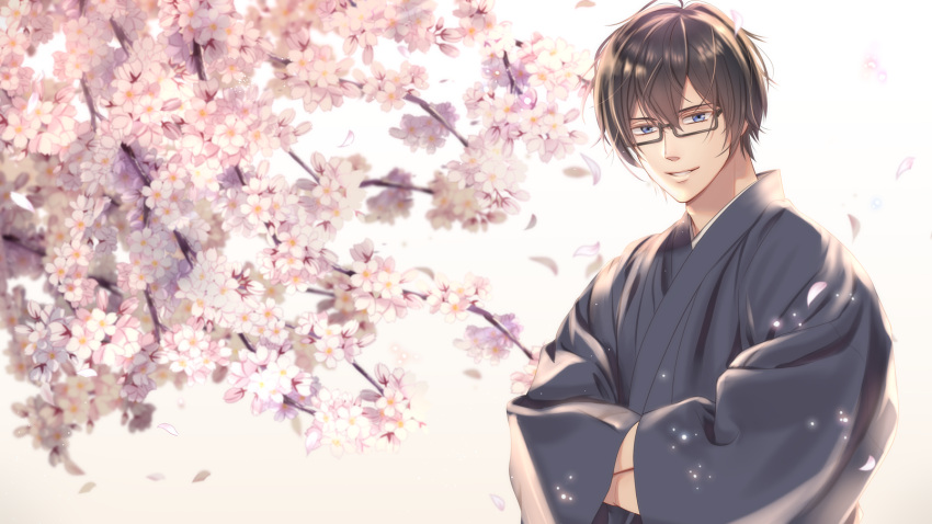 1boy blue_eyes brown-framed_eyewear brown_hair cherry_blossoms commission crossed_arms flower glasses highres izumi_(stardustalone) japanese_clothes kimono looking_at_viewer male_focus official_art original petals short_hair smile solo upper_body virtual_youtuber white_background