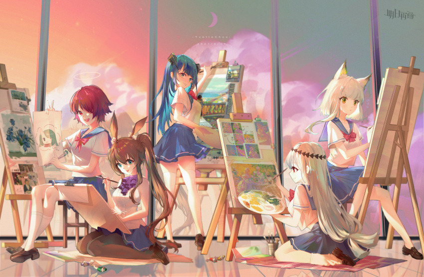 5girls :d :p absurdres amiya_(arknights) animal_ear_fluff animal_ears arknights artist_name blue_eyes blue_hair blue_sailor_collar blue_skirt bow breasts brown_footwear brown_hair brown_legwear canvas_(object) closed_mouth clothing_cutout commentary_request dated easel exusiai_(arknights) eyebrows_visible_through_hair full_body green_eyes hair_between_eyes hair_over_one_eye halo highres holding holding_paintbrush holding_palette holding_paper horns hoshiguma_(arknights) indoors kal'tsit_(arknights) loafers long_hair looking_at_viewer lynx_ears medium_breasts miniskirt mostima_(arknights) multiple_girls open_mouth paintbrush painting painting_(object) palette pantyhose paper purple_neckwear rabbit_ears red_bow red_eyes redhead sailor_collar school_uniform serafuku shirt shoes short_hair short_sleeves silver_hair sitting skadi_(arknights) skirt sky sleeveless sleeveless_shirt smile socks standing stool thigh-highs tongue tongue_out twintails very_long_hair white_legwear white_shirt window yvettechou