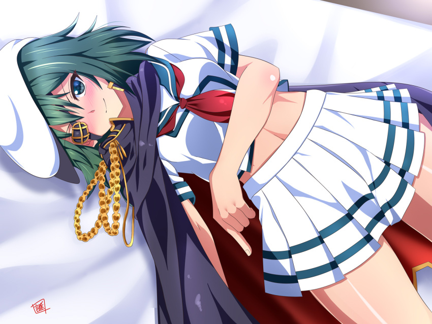 1girl black_cape blush breasts cape eyepatch green_eyes green_hair hat highres kantai_collection kiso_(kantai_collection) lying midriff miniskirt nose_blush on_back pleated_skirt remodel_(kantai_collection) sailor_hat school_uniform sebunsu serafuku shirt short_hair short_sleeves skirt small_breasts solo white_headwear white_shirt white_skirt