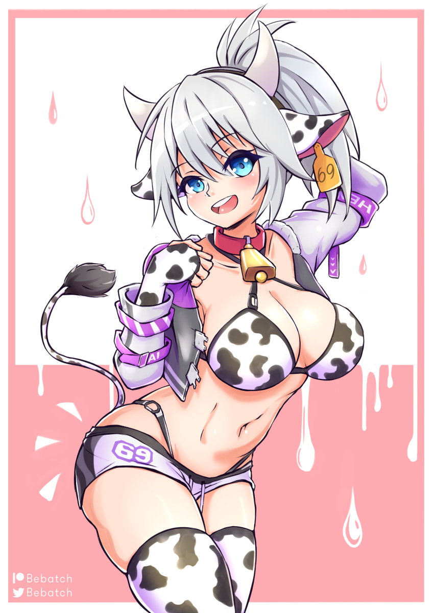 1girl absurdres animal_ears animal_print bebatch bell bell_collar bikini bikini_top blue_eyes breasts collar cow_ears cow_girl cow_horns cow_print cowbell cowboy_shot ear_tag elbow_gloves fingerless_gloves gloves highres horns large_breasts looking_at_viewer melody_(projektmelody) ponytail projektmelody shorts smile solo swimsuit thigh-highs virtual_youtuber white_hair white_shorts