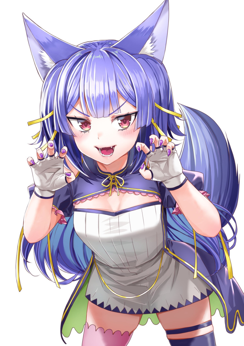 .live 1girl animal_ears breasts fang fingerless_gloves fingernails gloves hair_between_eyes hair_ornament highres long_hair open_mouth purple_hair rurun_rururica simple_background small_breasts solo tail thigh-highs virtual_youtuber white_background wolf_ears wolf_tail
