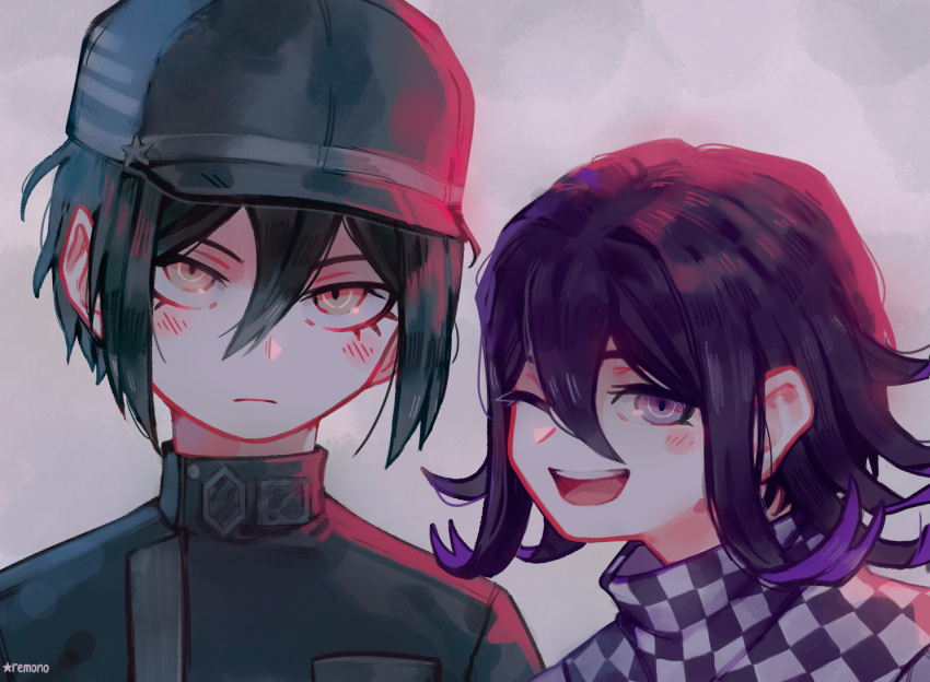 2boys :d artist_name bangs black_hair black_headwear black_jacket blush brown_eyes checkered checkered_scarf commentary_request dangan_ronpa_(series) dangan_ronpa_v3:_killing_harmony frown gradient gradient_background grey_background hair_between_eyes jacket looking_at_viewer male_focus multiple_boys one_eye_closed open_mouth ouma_kokichi purple_hair remonoart saihara_shuuichi scarf short_hair smile upper_body upper_teeth violet_eyes