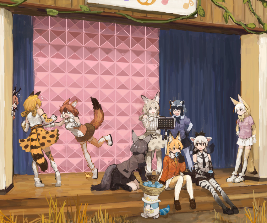 6+girls aardwolf_(kemono_friends) aardwolf_ears aardwolf_girl aardwolf_print aardwolf_tail alternate_costume animal_ears bat-eared_fox_(kemono_friends) black_fur black_hair black_neckwear black_skirt blonde_hair blue_hair blue_sweater boots bow bowtie brown_hair brown_jacket brown_skirt caracal_(kemono_friends) caracal_ears caracal_girl closed_eyes collared_shirt commentary_request common_raccoon_(kemono_friends) cutoffs dhole_(kemono_friends) dog_ears dog_girl dog_tail eating elbow_gloves extra_ears eyebrows_visible_through_hair ezo_red_fox_(kemono_friends) fennec_(kemono_friends) food formal fox_ears fox_girl fox_tail fur_collar fur_trim gloves grey_gloves grey_hair hands_on_hips hat high-waist_skirt highres jacket japari_bun kemono_friends light_brown_hair long_hair long_sleeves lucky_beast_(kemono_friends) multicolored_hair multiple_girls music_stand necktie orange_hair orange_jacket orange_legwear orange_neckwear pantyhose pink_sweater ponytail print_gloves print_legwear print_neckwear print_skirt puffy_short_sleeves puffy_sleeves raccoon_ears raccoon_girl rumenia_(ao2is) serval_(kemono_friends) serval_ears serval_girl serval_print serval_tail shirt short_hair short_shorts short_sleeves shorts skirt sleeveless stage suit sweater tail thigh-highs top_hat two-tone_legwear white_footwear white_fur white_hair white_headwear white_legwear white_neckwear white_serval_(kemono_friends) white_shirt white_suit yellow_gloves yellow_legwear yellow_skirt zettai_ryouiki