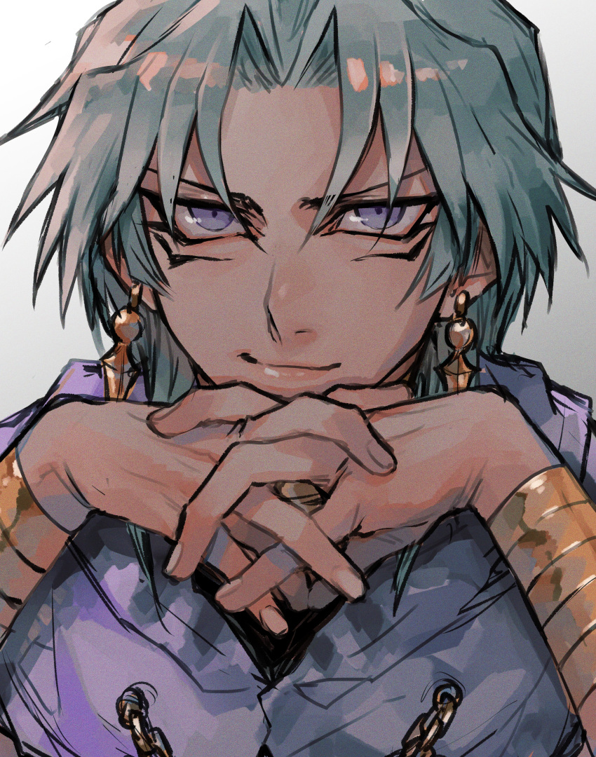 1boy absurdres bangs chain closed_mouth commentary earrings fingernails green_hair hands highres jewelry light_smile looking_at_viewer male_focus marik_ishtar oshiruko_(oshiruko0803) parted_bangs sketch solo violet_eyes yu-gi-oh!