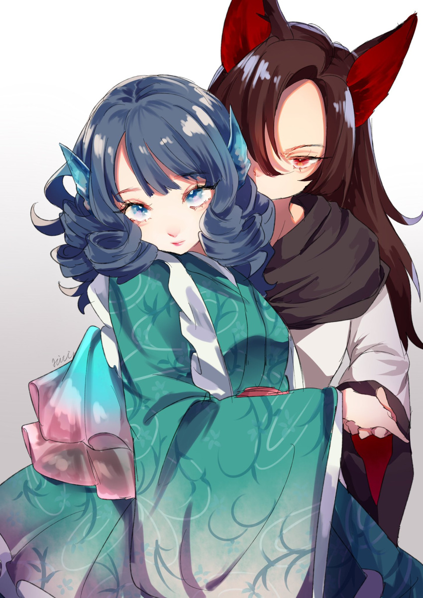 animal_ears aqua_sash bangs blue_eyes blue_hair brown_hair commentary dress drill_hair drill_locks eyebrows_visible_through_hair forehead frilled_kimono frills green_kimono grey_background half-closed_eye head_fins highres himari-san_yanaika holding_hands imaizumi_kagerou japanese_clothes kimono long_bangs long_hair long_sleeves looking_at_viewer mermaid monster_girl multicolored_sash one_eye_covered parted_bangs pink_sash red_eyes sash signature smile swept_bangs touhou wakasagihime white_background white_dress wide_sleeves wolf_ears yuri