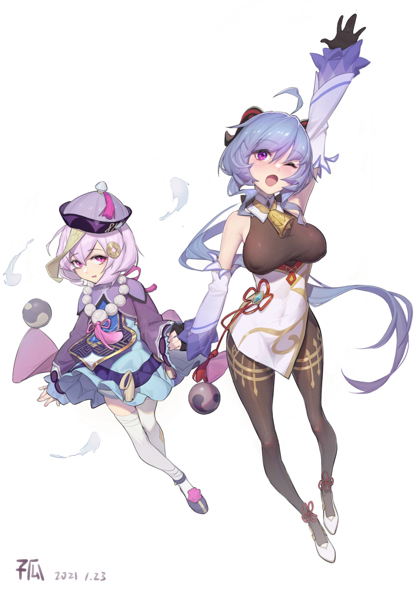 2girls ;o absurdres ahoge arm_up bead_necklace beads bell black_legwear blue_hair bow breasts cowbell dated detached_sleeves dress frilled_dress frills full_body ganyu_(genshin_impact) genshin_impact gloves hair_bow hair_ornament hat highres jewelry jiangshi large_breasts long_sleeves low_ponytail meng_zhongfeng_ji_li_mm multiple_girls necklace one_eye_closed open_mouth purple_hair qiqi simple_background sleeves_past_fingers sleeves_past_wrists smile sweat thigh-highs violet_eyes white_background wide_sleeves