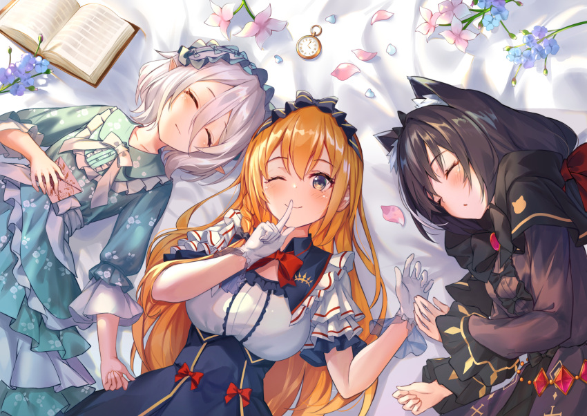 3girls animal_ear_fluff animal_ears bangs black_bow black_hair blue_bow blue_dress blue_eyes blush book bow breasts cat_ears closed_eyes closed_mouth dress eyebrows_visible_through_hair finger_to_mouth flower frills gloves hair_between_eyes hair_ornament highres holding holding_letter isaya_(pixiv4541633) karyl_(princess_connect!) kokkoro_(princess_connect!) large_breasts letter lying multicolored_hair multiple_girls on_back one_eye_closed orange_hair parted_lips pecorine_(princess_connect!) princess_connect! princess_connect!_re:dive red_bow sleeping small_breasts white_bow white_gloves white_hair
