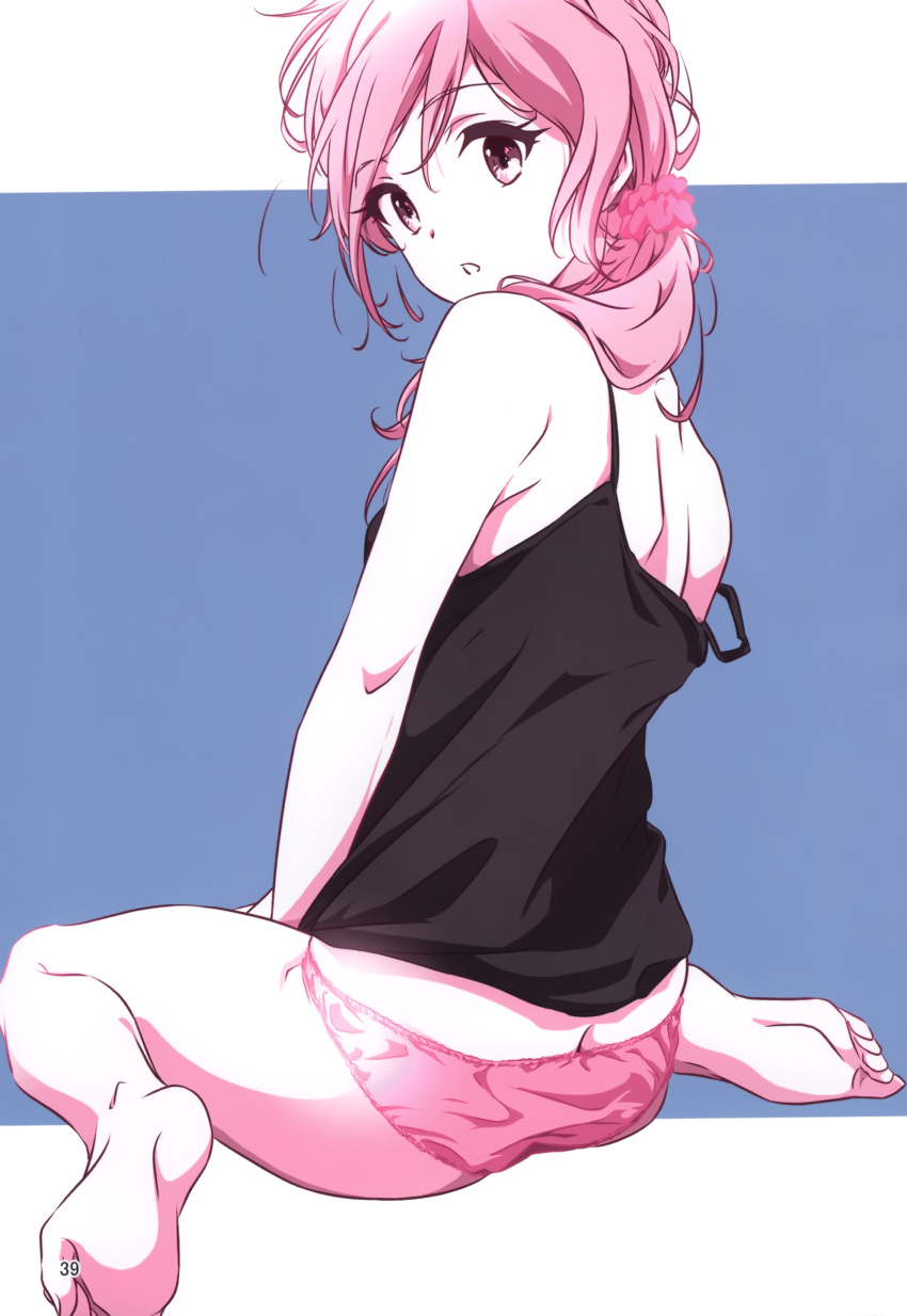 1girl absurdres barefoot black_shirt blue_background border brown_eyes butt_crack hair_ornament hair_scrunchie highres letterboxed long_hair looking_at_viewer looking_back nii_manabu off_shoulder original page_number panties parted_lips pink_hair pink_panties pink_scrunchie scrunchie shirt shoulder_blades sleeveless sleeveless_shirt soles solo spaghetti_strap underwear white_border