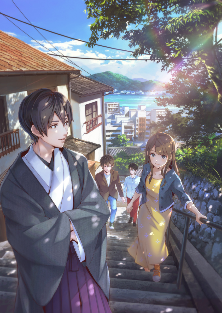 1girl 3boys balcony bangs black_hair blue_jacket blue_sky brown_hair brown_jacket building city cityscape closed_mouth clouds collarbone collared_shirt commentary_request dappled_sunlight day denim dress eyebrows_visible_through_hair glasses green_footwear grey_eyes hakama harbor highres holding_railing house jacket japanese_clothes jeans kimono lens_flare long_sleeves looking_at_another mountain mountainous_horizon multiple_boys orange_footwear original outdoors pants power_lines print_dress purple_hakama railing red_pants rooftop scenery shirt sho_(shoichi-kokubun) shoes sidelocks sky smile sneakers standing stone_wall sunlight tree walking wall white_shirt wide_sleeves window yellow_dress