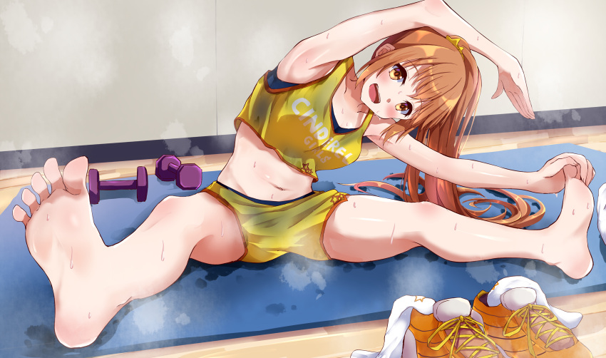 1girl barbell brown_eyes brown_hair exercise heavy_breathing hot idolmaster idolmaster_cinderella_girls idolmaster_cinderella_girls_starlight_stage looking_at_viewer outstreched_arms smile socks sports_bra sportswear steam stretch sweat sweat_stain sweating wakabayashi_tomoka wet wet_clothes yoga_mat