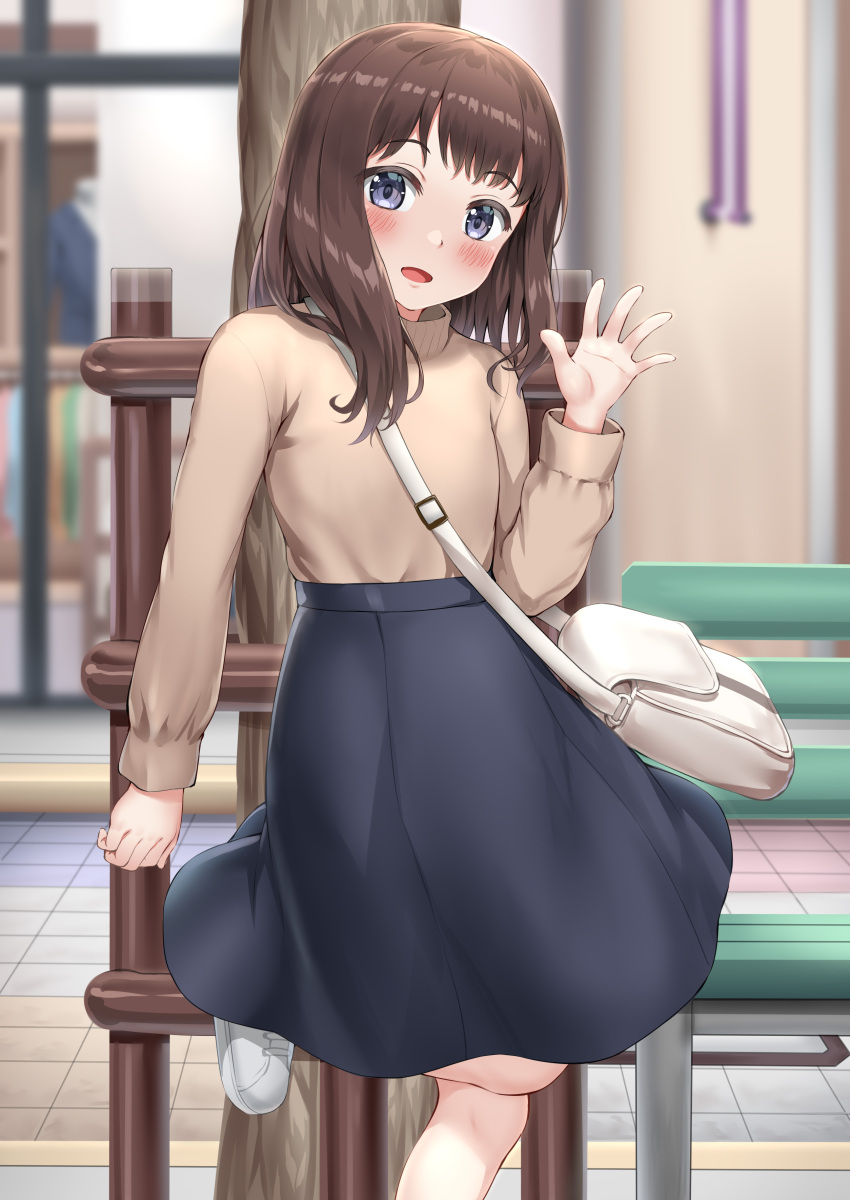 1girl absurdres bag bench black_skirt blue_eyes brown_hair brown_sweater commentary_request highres long_skirt looking_at_viewer nedia_(nedia_region) original railing short_hair skirt solo standing standing_on_one_leg sweater tree waving