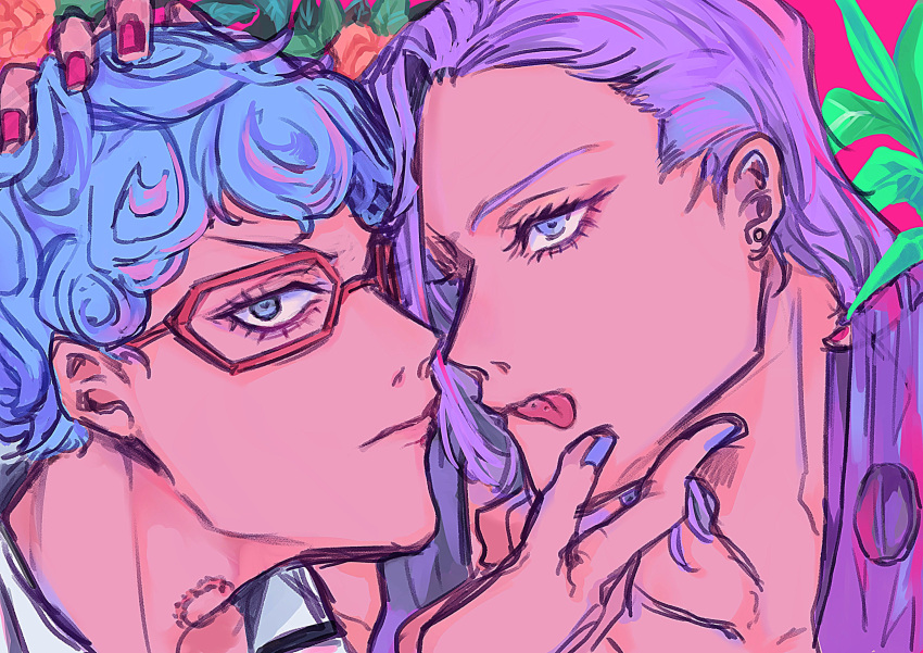 2boys absurdres bangs blue_hair blue_nails ear_piercing flower ghiaccio glasses hand_on_another's_chin hand_on_another's_head highres jacket jojo_no_kimyou_na_bouken looking_at_viewer male_focus medium_hair melone multiple_boys piercing pink_background plant purple_hair purple_jacket red_nails ritsuno_ananda short_hair tongue tongue_out vento_aureo white_jacket
