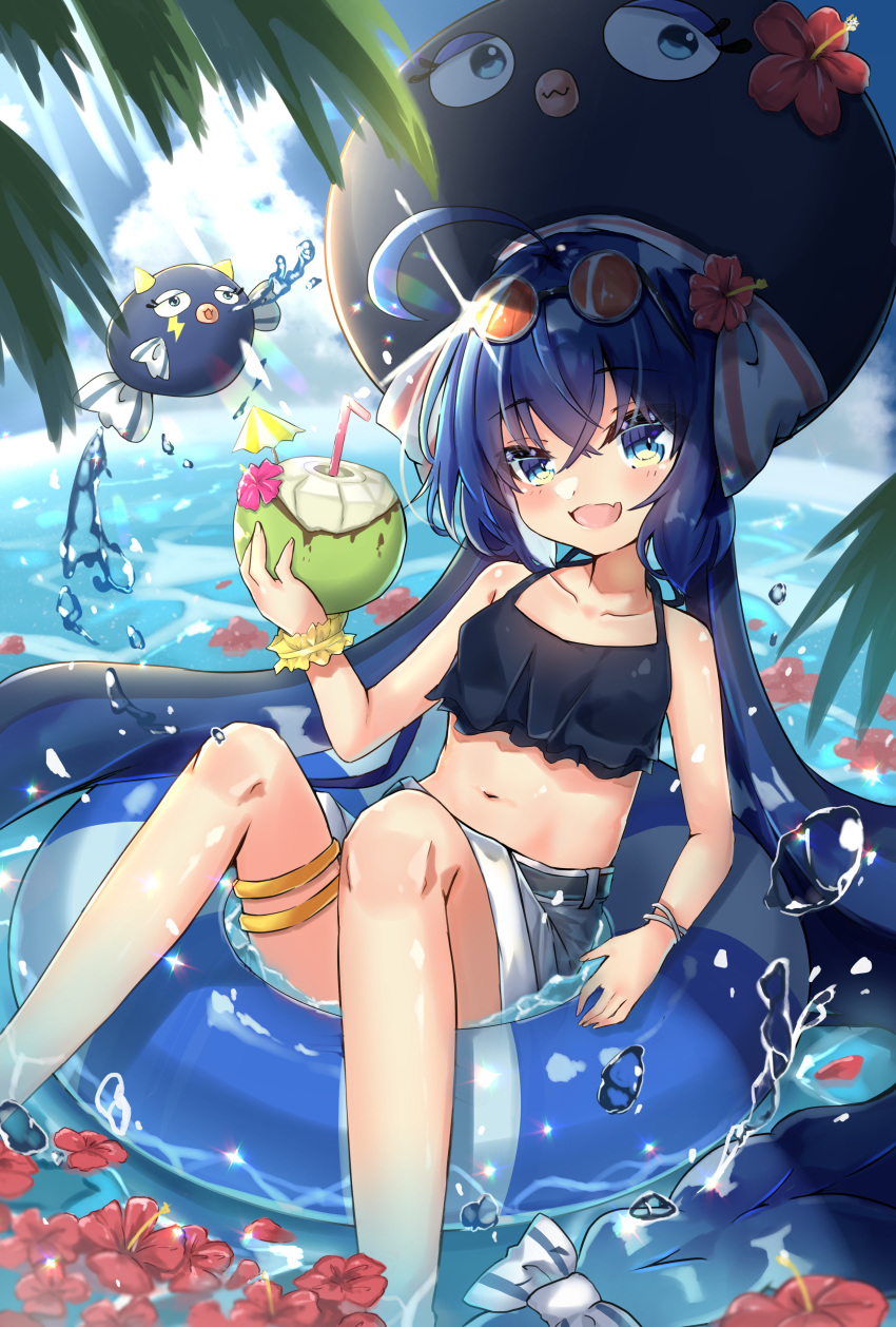 :d absurdres ahoge animal_hat blue_eyes coconut dark_blue_hair denim denim_shorts eel_hat eyebrows_visible_through_hair eyes_visible_through_hair eyewear_on_head fang flower food hat hat_flower highres holding holding_food innertube irodorikaeru leglet long_hair navel ocean open_mouth otomachi_una red_flower shorts sitting skin_fang smile sunglasses twintails vocaloid voiceroid