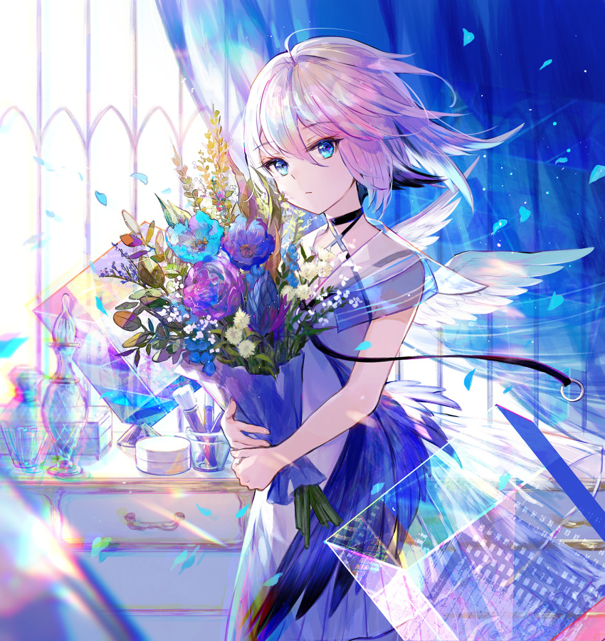 1girl ahoge bare_arms black_choker blue_eyes blue_flower blue_theme bouquet choker chromatic_aberration closed_mouth cowboy_shot criss-cross_halter curtains dress expressionless feathers flower fuzichoco hair_between_eyes halterneck highres holding looking_at_viewer original purple_flower rose short_hair silver_hair solo standing white_dress