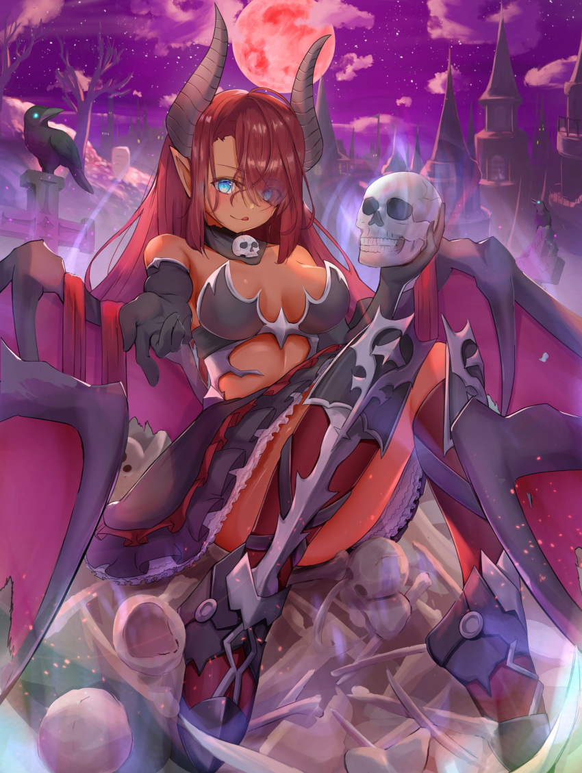 1girl architecture bat_wings bird blue_eyes breasts crow demon_girl gothic_architecture highres horns large_breasts nose_(oekaki1825) original pointy_ears redhead sitting skull succubus thighs vampire wings