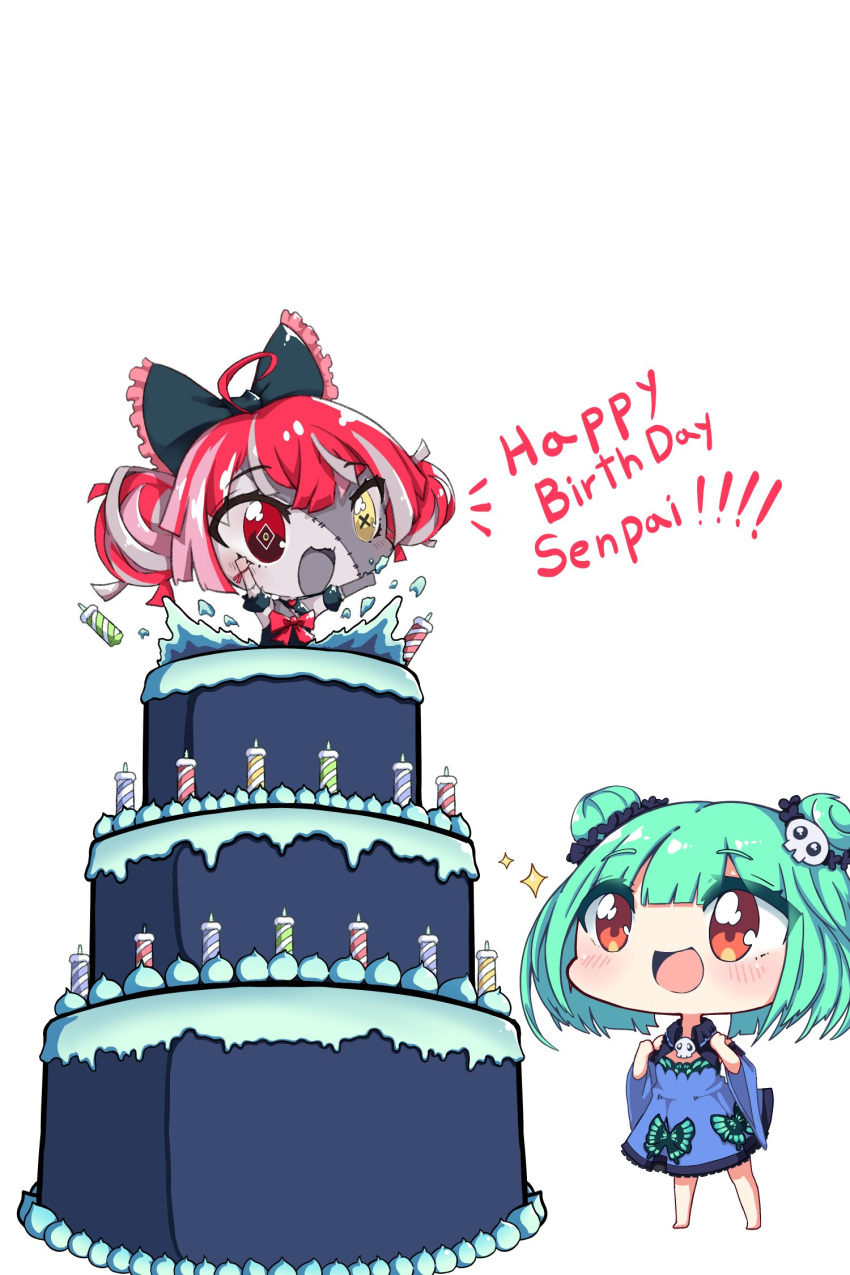 2girls ahoge bangs black_dress blue_dress blush bow brown_eyes cake candle chibi cleavage_cutout clothing_cutout colored_skin double_bun dress food green_hair grey_hair grey_skin hair_bow hair_ornament happy_birthday heterochromia highres hololive hololive_indonesia kureiji_ollie multicolored_hair multiple_girls nsaru pink_hair red_bow red_eyes redhead skull_hair_ornament stitched_face stitches torn_clothes torn_dress uruha_rushia virtual_youtuber yellow_eyes zombie