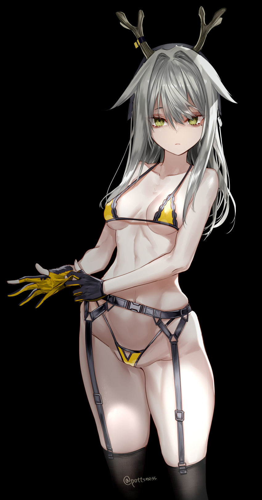 1girl absurdres antlers arknights bare_arms bare_shoulders bikini black_background black_legwear breasts closed_mouth collarbone cowboy_shot expressionless firewatch_(arknights) firewatch_(wilted_cypress)_(arknights) garter_belt garter_straps gloves green_eyes groin hair_flaps hair_intakes highleg highleg_bikini highres long_hair looking_at_viewer mole mole_under_eye navel partially_fingerless_gloves pottsness reindeer_antlers reindeer_girl silver_hair simple_background skindentation small_breasts solo standing stomach string_bikini swimsuit thigh-highs thighs yellow_bikini