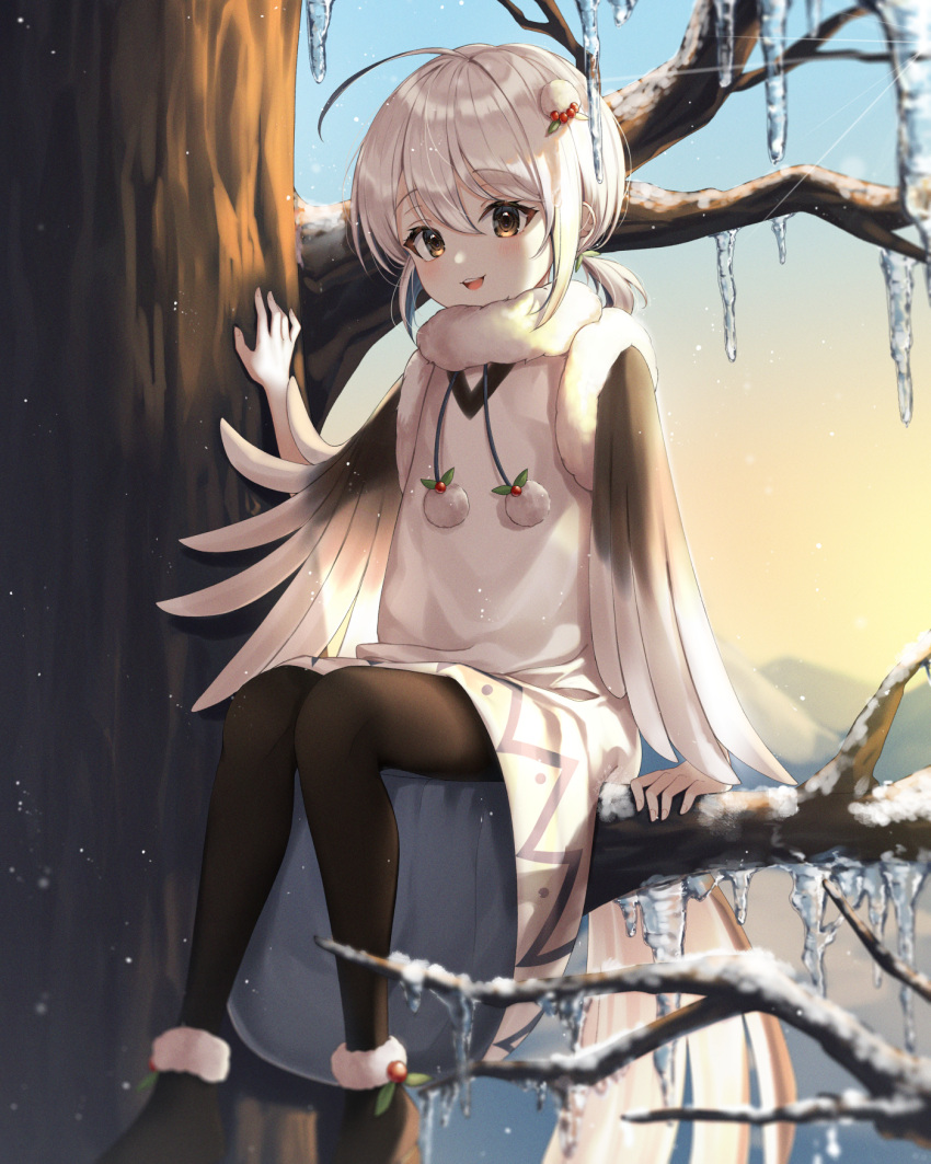 1girl :d ahoge arm_support bangs black_footwear black_legwear blue_sky boots brown_eyes commentary_request day dress ekina_(1217) eyebrows_visible_through_hair feet_out_of_frame fur-trimmed_boots fur_trim green_ribbon hair_between_eyes hair_ornament hair_ribbon hand_up highres icicle in_tree looking_at_viewer low_twintails open_mouth original outdoors pantyhose ribbon sitting sitting_in_tree sky smile solo tree twintails upper_teeth white_dress white_hair