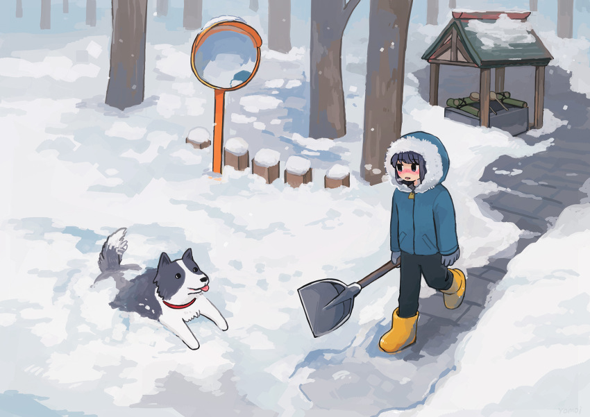 1girl animal black_hair blush boots dog fur_trim highres hood hood_up jacket original outdoors shovel shrine snow snowing temizuya traffic_mirror tree walking winter winter_clothes yomoi_nui