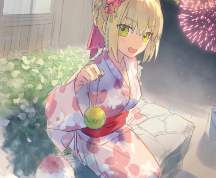 1girl ahoge akamakoto bangs blonde_hair blush braid breasts fate/extra fate_(series) fireworks floral_print french_braid green_eyes hair_between_eyes hair_bun hair_intakes japanese_clothes kimono large_breasts long_hair long_sleeves looking_at_viewer nero_claudius_(fate) nero_claudius_(fate)_(all) open_mouth pink_kimono sash sitting smile wide_sleeves