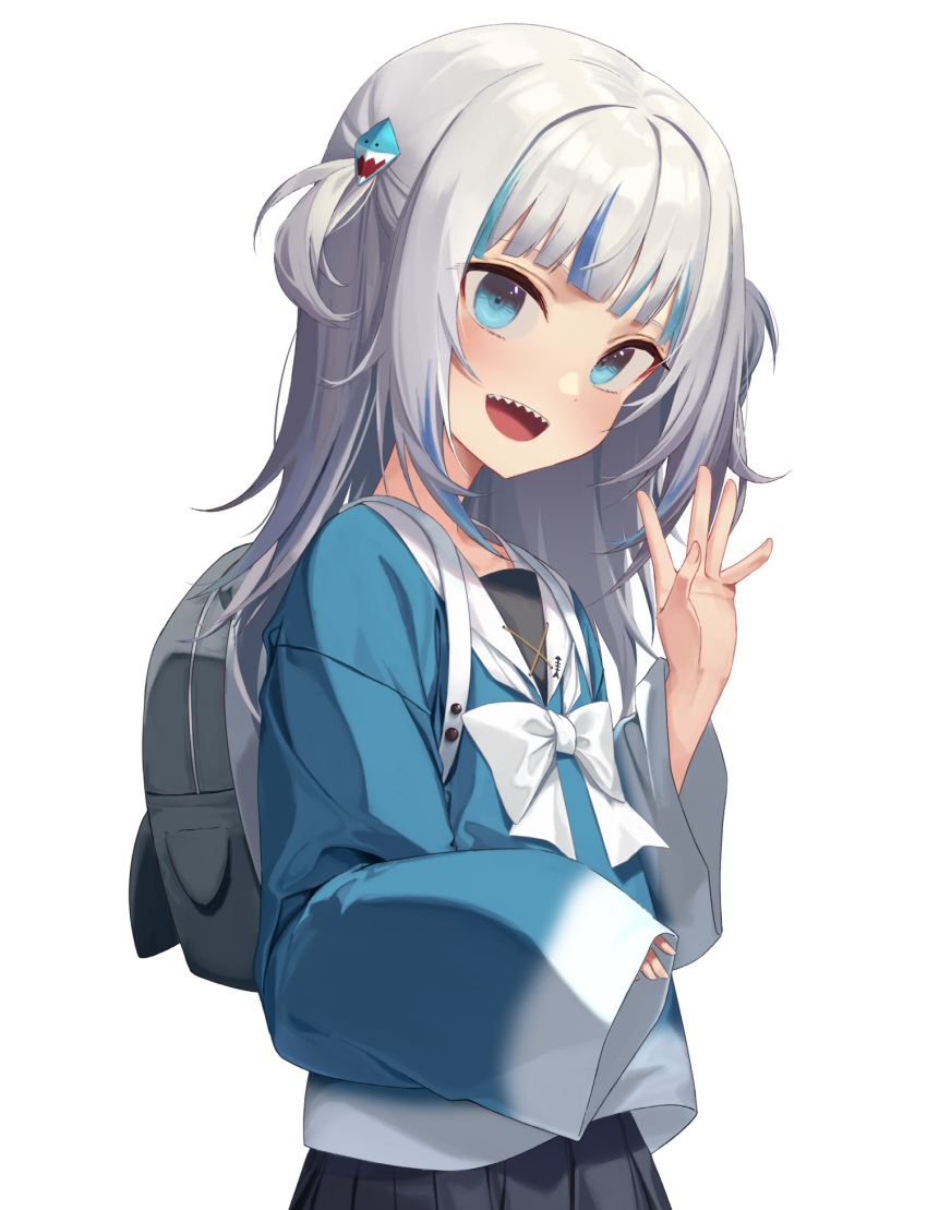 1girl :d adapted_costume backpack bag black_skirt blue_eyes blue_hair bow bowtie gawr_gura hair_ornament hand_up highres hololive hololive_english long_sleeves looking_at_viewer multicolored_hair open_mouth school_uniform sharp_teeth short_hair silver_hair simple_background skirt sleeves_past_wrists smile solo soya_(torga) teeth two-tone_hair two_side_up virtual_youtuber white_background white_neckwear