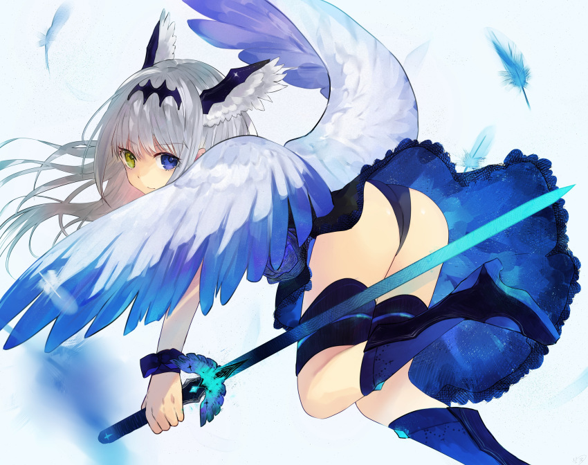 1girl absurdres angel_wings ass blue-eyes_white_dragon blue_bow blue_feathers blue_footwear blue_legwear blue_wings boots bow closed_mouth dress eyebrows_visible_through_hair feathers frills glowing glowing_sword glowing_weapon grey_hair head_wings heterochromia high_heel_boots high_heels highres holding holding_sword holding_weapon long_hair multicolored multicolored_wings niseneko_(mofumofu_ga_ienai) original reverse_grip solo sword weapon white_hair white_wings wings yellow_eyes