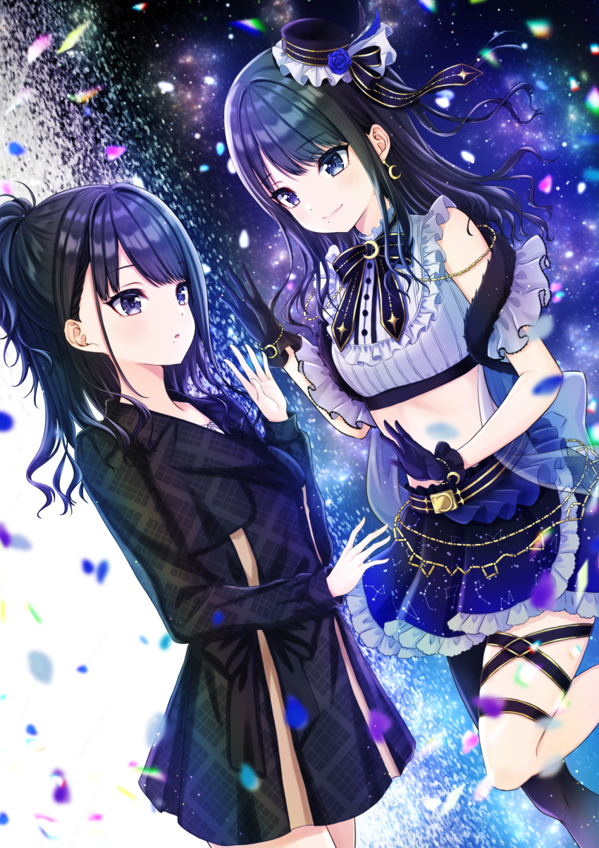 2girls bangs black_bow black_gloves black_legwear blue_eyes blunt_bangs blush bow breasts dress earrings eyebrows_visible_through_hair frills gloves hair_ornament hands_up hat highres hiiragi_kei idolmaster idolmaster_shiny_colors jewelry kazano_hiori long_hair long_sleeves looking_at_another mole mole_under_mouth multiple_girls open_mouth parted_lips reflection single_thighhigh skirt small_breasts smile thigh-highs