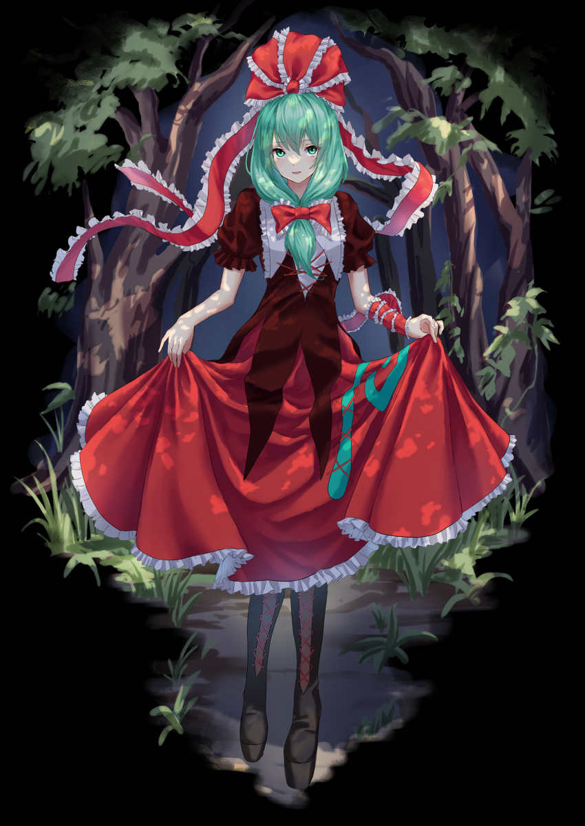 1girl :d absurdres boots bush clothes_lift curtsey dress dress_lift forest front_ponytail grass green_eyes green_hair hair_ribbon hayaten highres kagiyama_hina lifted_by_self long_hair looking_at_viewer nature plant ribbon skirt skirt_hold skirt_lift smile solo touhou tree