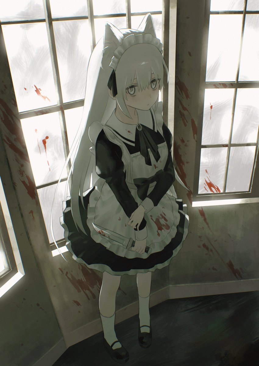 1girl absurdres animal_ears apron bangs black_bow black_footwear black_ribbon blood blood_splatter bloody_clothes bloody_weapon bow cat_ears dress frilled_apron frills hand_on_own_wrist highres holding holding_knife holding_weapon knife long_hair long_sleeves looking_at_viewer maid maid_apron maid_headdress mary_janes original pinafore_dress puffy_sleeves ribbon shoes sleeve_cuffs solo standing weapon white_eyes white_hair white_legwear window x_x02
