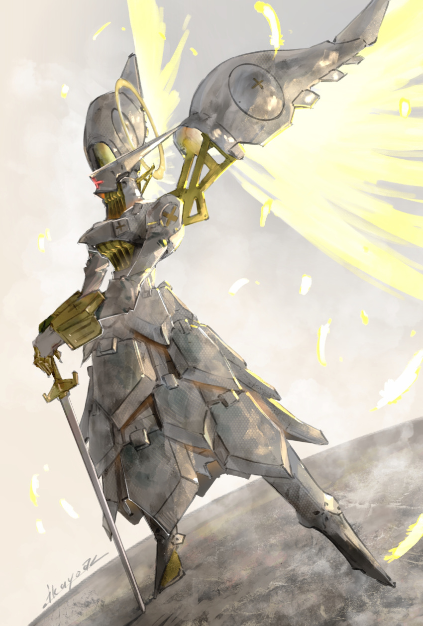 absurdres armor character_request cross falling_feathers feathers full_armor gender_request glowing halo hand_on_hilt hand_on_weapon highres ikuyoan mechanical_wings planted planted_sword planted_weapon shaman_king standing sword weapon wings yellow_feathers