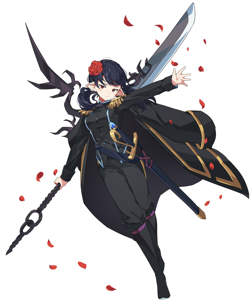 1girl absurdres arm_up black_coat black_footwear black_hair blush blush_stickers boots brown_eyes closed_mouth coat coat_on_shoulders commission dungeon_and_fighter flower gogoco hair_flower hair_ornament highres holding holding_weapon long_hair open_hand original petals pointy_ears red_flower reverse_grip scabbard sheath sheathed simple_background solo sword twintails weapon white_background