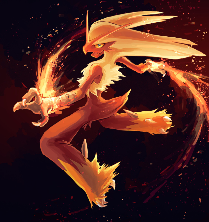 blaziken blue_eyes claws colored_sclera commentary_request fire full_body fusenryo gen_3_pokemon highres no_humans open_mouth pokemon pokemon_(creature) solo spikes tongue yellow_fur yellow_sclera