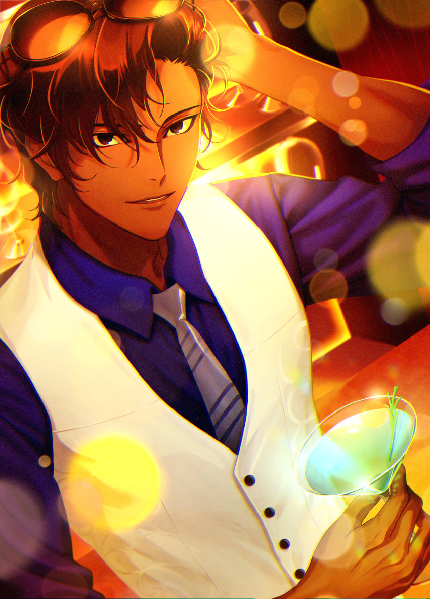 1boy absurdres alternate_costume alternate_hairstyle arjuna_(fate/grand_order) arm_behind_head bangs blue_shirt cocktail_glass collared_shirt cup drinking_glass eyewear_on_head fate/grand_order fate_(series) highres holding holding_cup looking_at_viewer male_focus necktie puopuopopo shirt vest