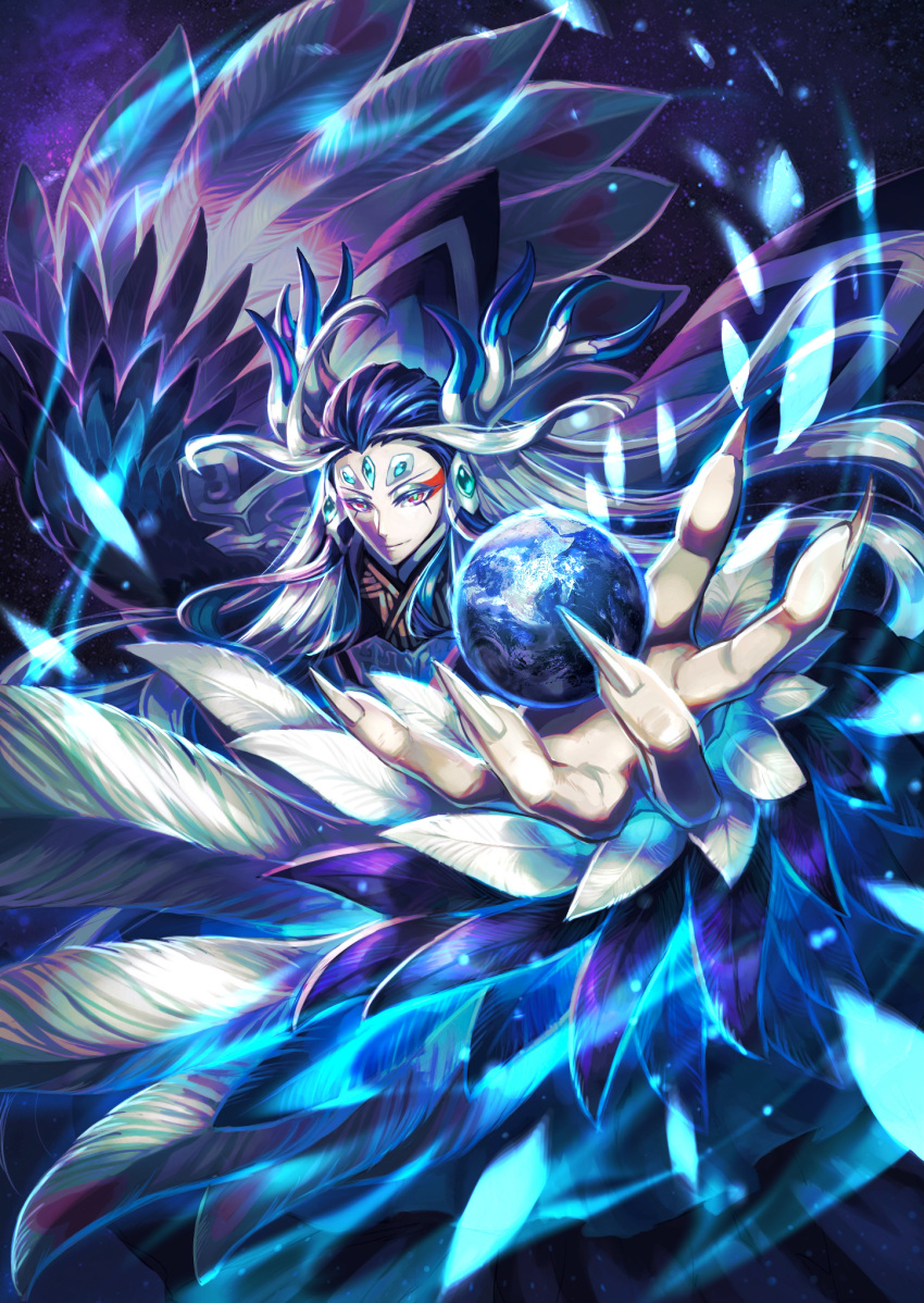 1boy androgynous asymmetrical_hair bright_pupils curly_hair dark_blue_hair earrings earth_(planet) eruji_(37974153) eyeshadow fabulous fate/grand_order fate_(series) fingernails forehead_jewel foreshortening highres jewelry long_hair magatama magatama_earrings makeup male_focus multicolored multicolored_eyes multicolored_hair peacock_feathers planet qin_shi_huang_(fate/grand_order) red_eyes red_eyeshadow sharp_fingernails solo two-tone_hair very_long_fingernails very_long_hair white_hair