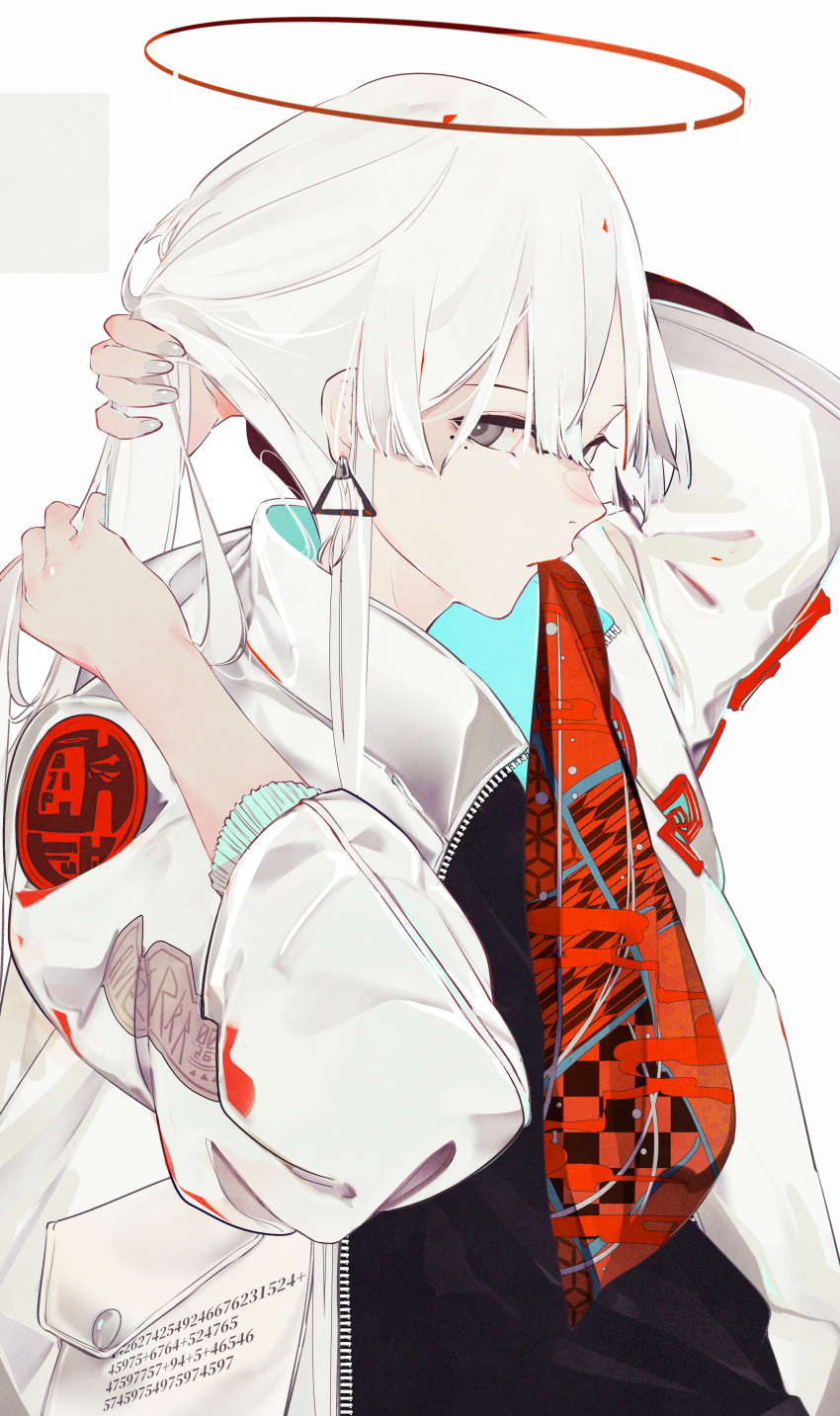 1girl absurdres arm_up earrings fingernails grey_eyes grey_nails halo highres huge_filesize jacket jewelry long_hair looking_at_viewer maimuro mouth_hold nail_polish number open_clothes open_jacket original piercing solo tying_hair white_hair white_jacket zipper
