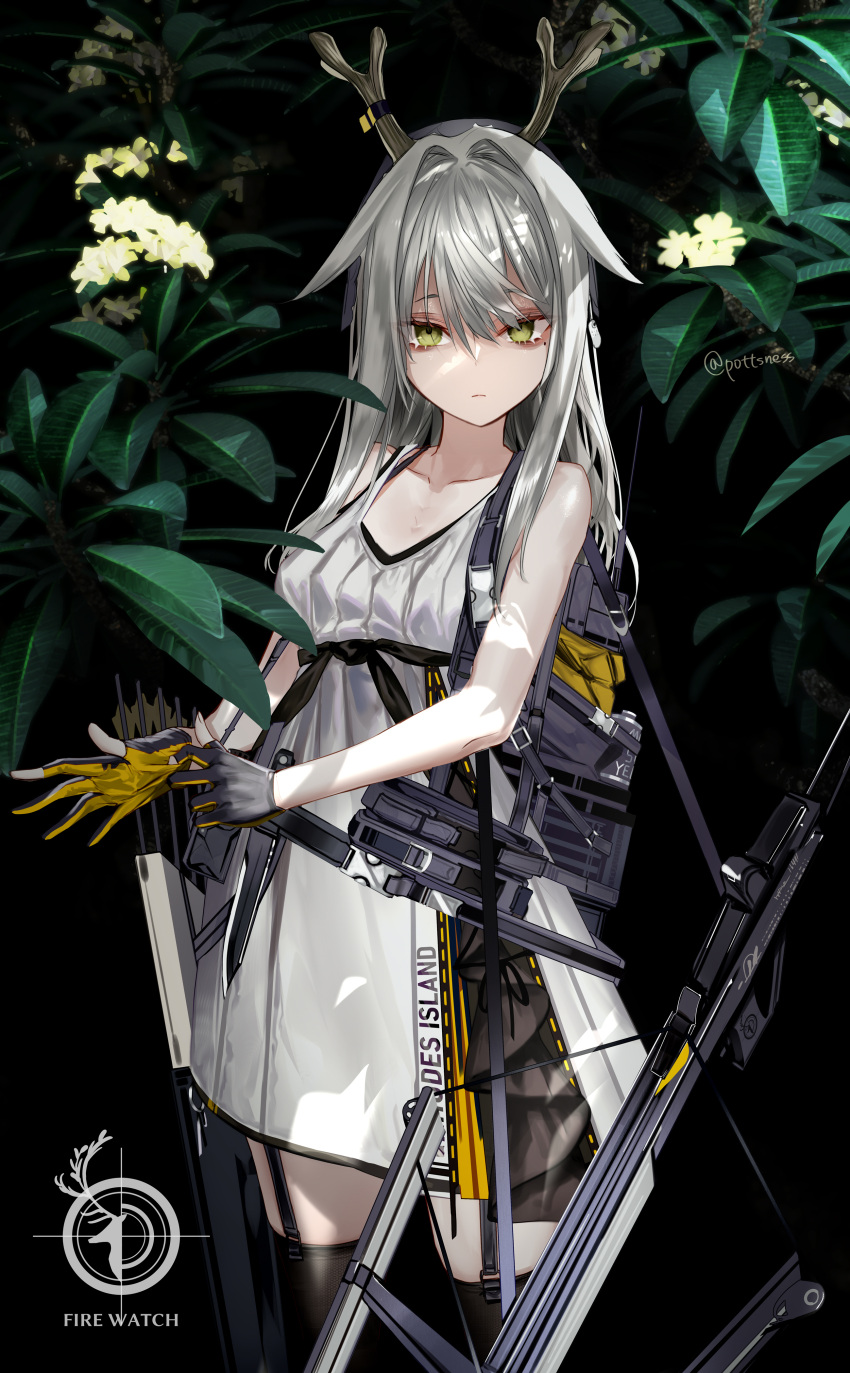 1girl absurdres antlers arknights arrow_(projectile) backpack bag bare_arms bare_shoulders black_background black_legwear black_ribbon bow_(weapon) breasts closed_mouth collarbone compound_bow cowboy_shot dress expressionless firewatch_(arknights) firewatch_(wilted_cypress)_(arknights) flower garter_straps gloves green_eyes hair_flaps hair_intakes highres long_hair looking_at_viewer mole mole_under_eye partially_fingerless_gloves plant pottsness quiver reindeer_antlers reindeer_girl ribbon short_dress silver_hair sleeveless sleeveless_dress small_breasts solo standing thigh-highs weapon white_dress white_flower zettai_ryouiki
