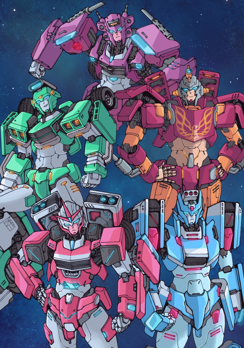 5girls absurdres arcee autobot blue_eyes chromia clenched_hand clenched_hands elita_one english_commentary exhaust_pipe firestar_(transformers) frown green_lips hand_on_hip hands_on_hips highres insignia lextodrawstuff looking_at_viewer mecha moonracer multiple_girls parted_lips redesign science_fiction smile space standing transformers