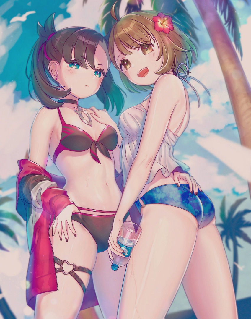 2girls ahoge alternate_costume asymmetrical_bangs bangs bikini black_choker black_nails blush bob_cut bottle brown_bikini brown_eyes brown_hair choker closed_mouth clouds commentary_request day earrings eyelashes flower from_below gloria_(pokemon) green_eyes hair_flower hair_ornament hair_ribbon highres jewelry looking_back marnie_(pokemon) multiple_girls n2ewu nail_polish navel outdoors palm_tree pokemon pokemon_(game) pokemon_swsh purple_ribbon ribbon sky swimsuit tree water_bottle