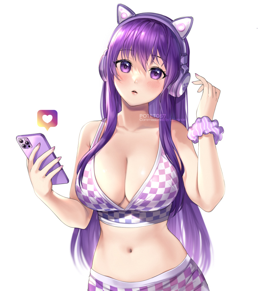 1girl alternate_costume animal_ear_headphones artist_name bangs bare_arms bare_shoulders blush breasts cellphone checkered collarbone commentary commission crop_top doki_doki_literature_club english_commentary eyebrows_visible_through_hair hair_between_eyes hand_up headphones heart highres holding holding_phone large_breasts long_hair looking_at_viewer midriff navel parted_lips paw_print phone potetos7 purple_hair scrunchie sidelocks simple_background smartphone solo upper_body very_long_hair violet_eyes watermark white_background wrist_scrunchie yuri_(doki_doki_literature_club)