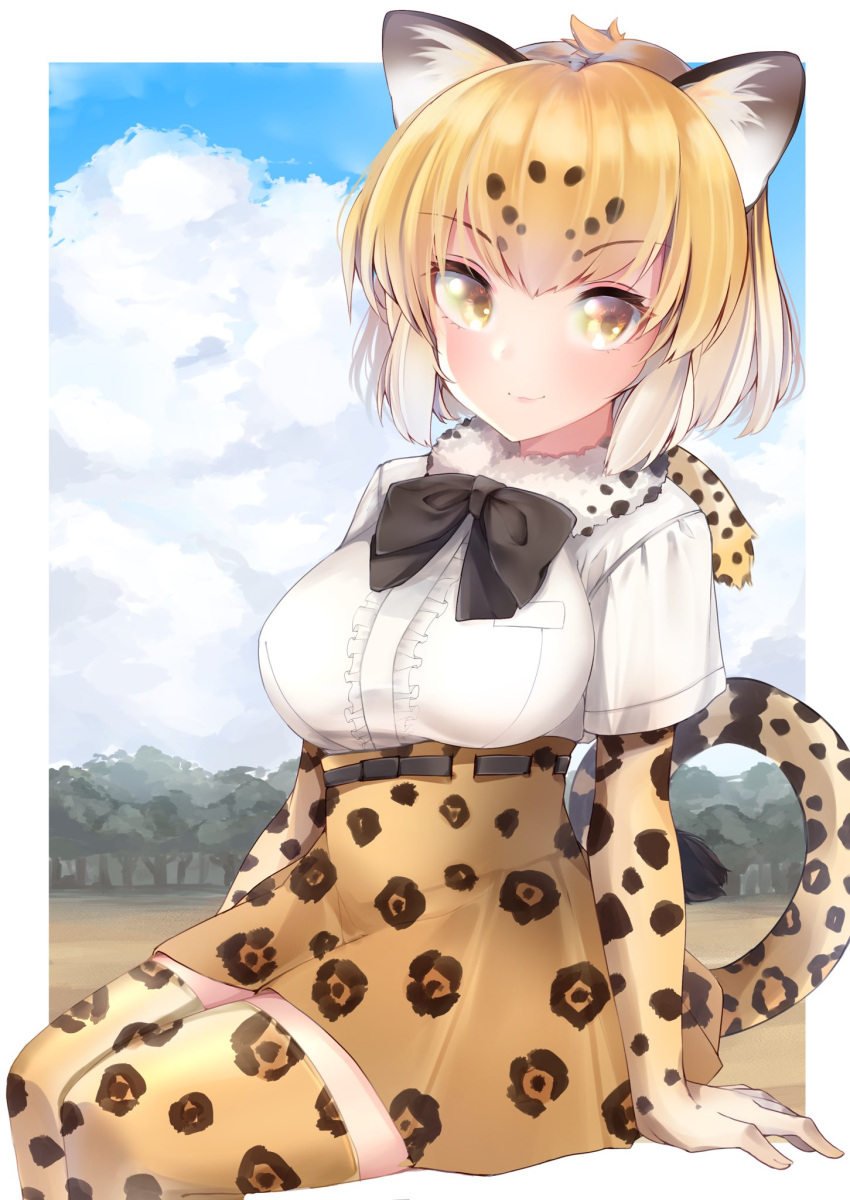 1girl animal_ear_fluff animal_ears black_neckwear blonde_hair blue_sky bow bowtie closed_mouth clouds cloudy_sky day elbow_gloves eyebrows_visible_through_hair fur_collar gloves high-waist_skirt highres invisible_chair jaguar_(kemono_friends) jaguar_ears jaguar_print jaguar_tail kemono_friends kinou_no_shika looking_at_viewer outdoors outside_border print_gloves print_legwear print_skirt shirt short_hair short_sleeves sitting skirt sky smile solo symbol_commentary tail thigh-highs white_shirt yellow_eyes yellow_gloves yellow_legwear yellow_skirt