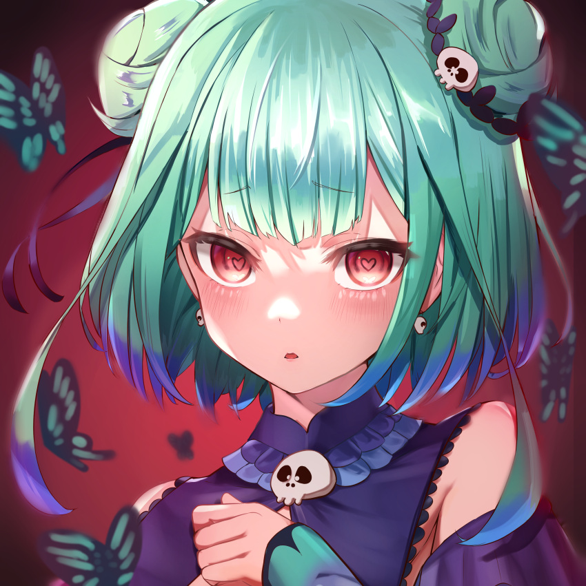 1girl :o absurdres appo_(36786257) bangs bare_shoulders blunt_bangs blush bug butterfly detached_sleeves double_bun earrings eyebrows_visible_through_hair face green_hair hair_ornament heart heart_in_eye highres hololive insect jewelry long_sleeves looking_at_viewer open_mouth red_eyes shiny shiny_hair short_hair skull skull_earrings skull_hair_ornament skull_ornament solo symbol_in_eye uruha_rushia virtual_youtuber