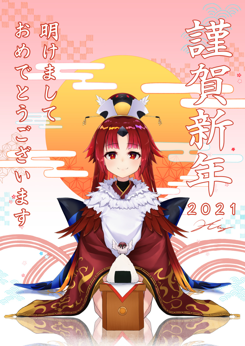 1girl 2021 absurdres alternate_hairstyle apron bangs benienma_(fate/grand_order) bird closed_mouth commentary_request eyebrows_visible_through_hair fate/grand_order fate_(series) food hairu0919 happy_new_year hat highres japanese_clothes kimono long_hair long_sleeves looking_at_viewer multicolored_hair nengajou new_year obi onigiri orange_hair parted_bangs red_eyes redhead rising_sun sash seiza short_kimono sidelocks signature sitting smile solo sparrow sun sunburst translation_request very_long_hair wide_sleeves