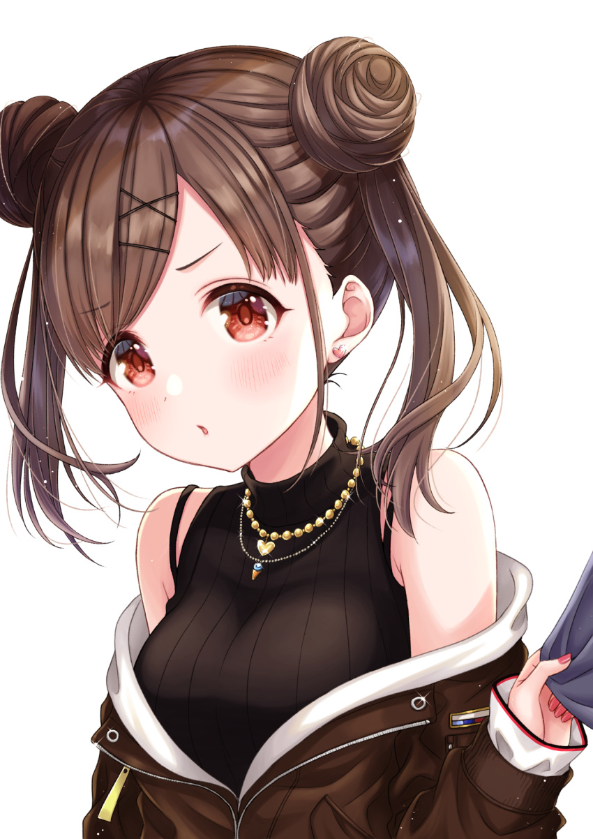 1girl bangs bare_shoulders blush breasts brown_eyes brown_hair double_bun eyebrows_visible_through_hair hair_ornament hand_up highres hiiragi_kei holding holding_clothes idolmaster idolmaster_shiny_colors jacket jewelry large_breasts long_hair long_sleeves looking_at_viewer nail_polish necklace open_mouth parted_lips simple_background solo sonoda_chiyoko twintails white_background x_hair_ornament