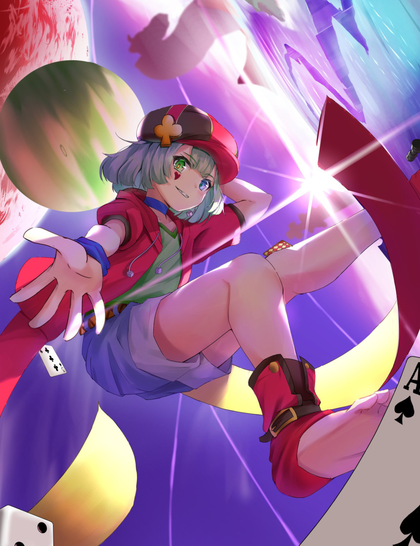 arm_up barefoot blue_eyes blue_hair card choker dice falling floating green_eyes hat heart heterochromia highres jacket legs_up lens_flare looking_at_viewer no_game_no_life nose_(oekaki1825) ocean open_mouth parted_lips planet red_headwear red_jacket short_hair shorts soles teeth teto toes water
